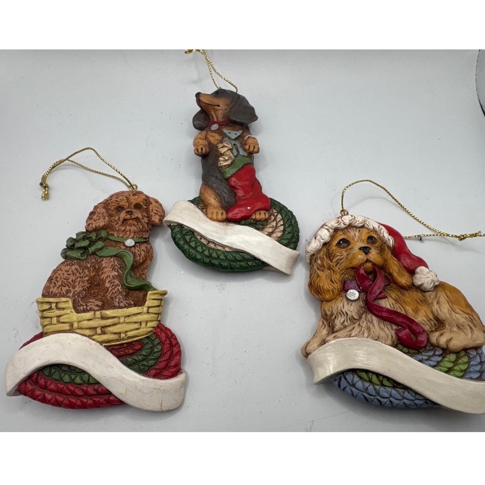 Vintage BRN Resin Dog Christmas Ornaments Set 3 Dachshund Poodle Retriever